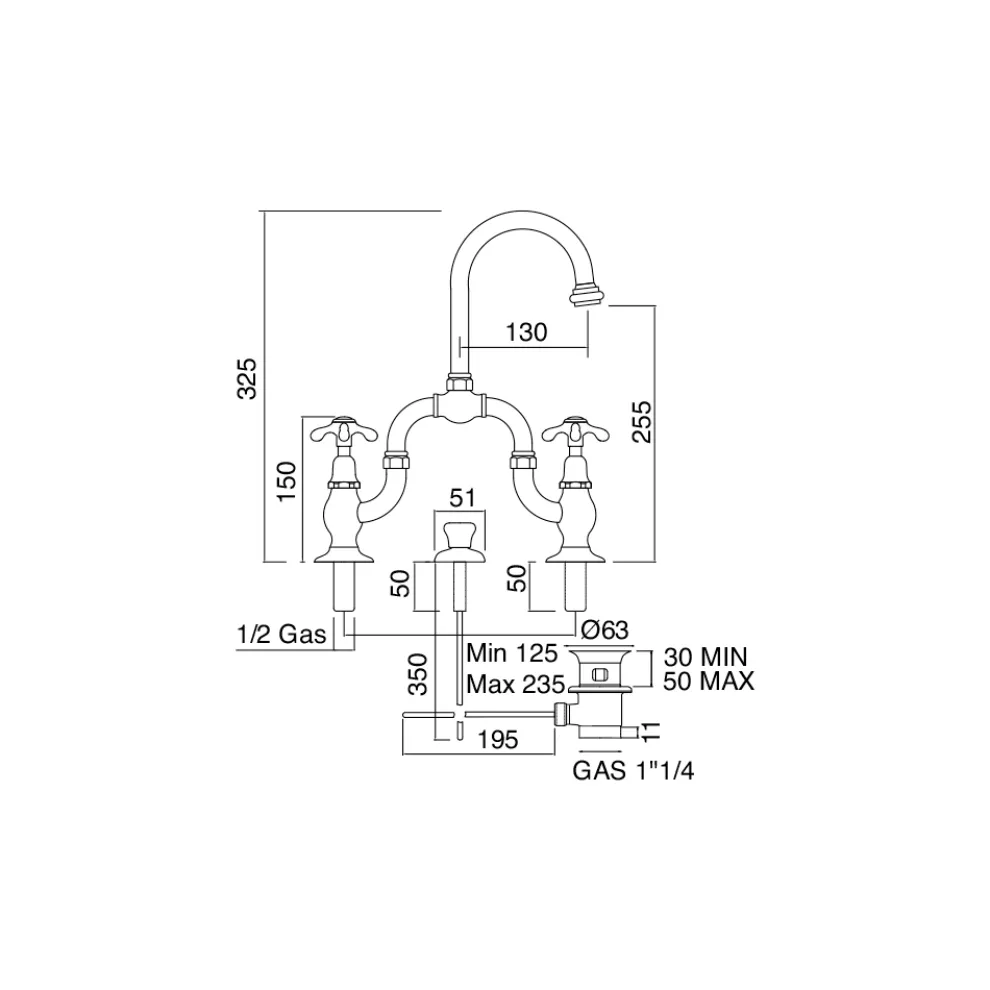 Vintage Mischergruppe für Brückenwaschbecken aus Messing Made in Italy - Klarisa