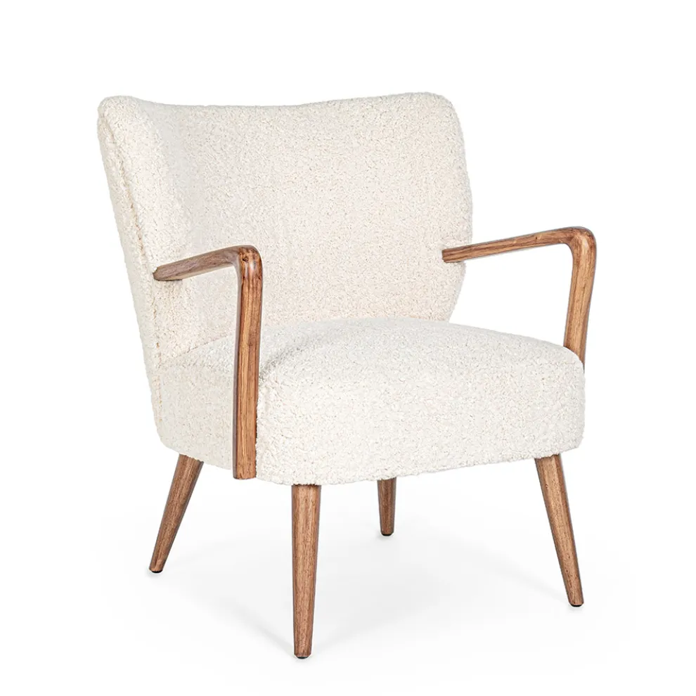 Vintage Rubberwood Sessel und Sitzfläche und Armlehnen in Wolloptik - Patrizia