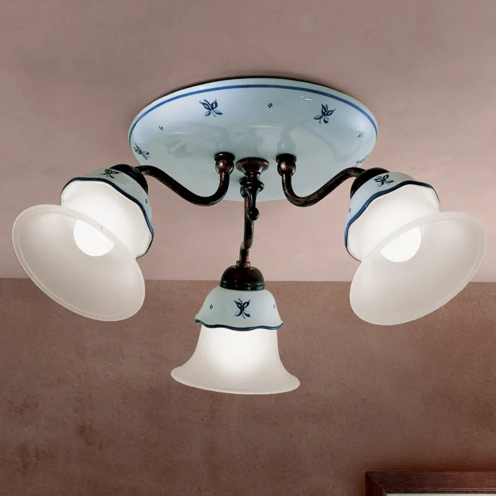 Vintage-Deckenlampe aus Eisen, Glas und handbemalter Keramik - Ferrara