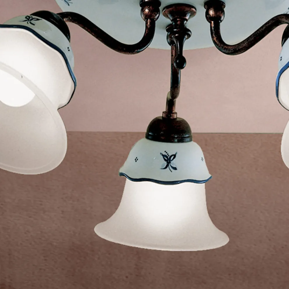 Vintage-Deckenlampe aus Eisen, Glas und handbemalter Keramik - Ferrara