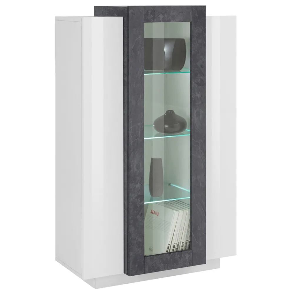 Vitrine 3 Türen Wohnzimmer Weiß und Anthrazit Holz, Zement oder Ahorn - Therese