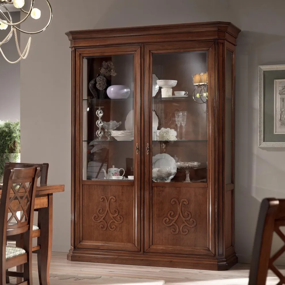 Vitrine aus Holz mit patiniertem Walnuss-Finish und Liliendekor, hergestellt in Italien – Damen