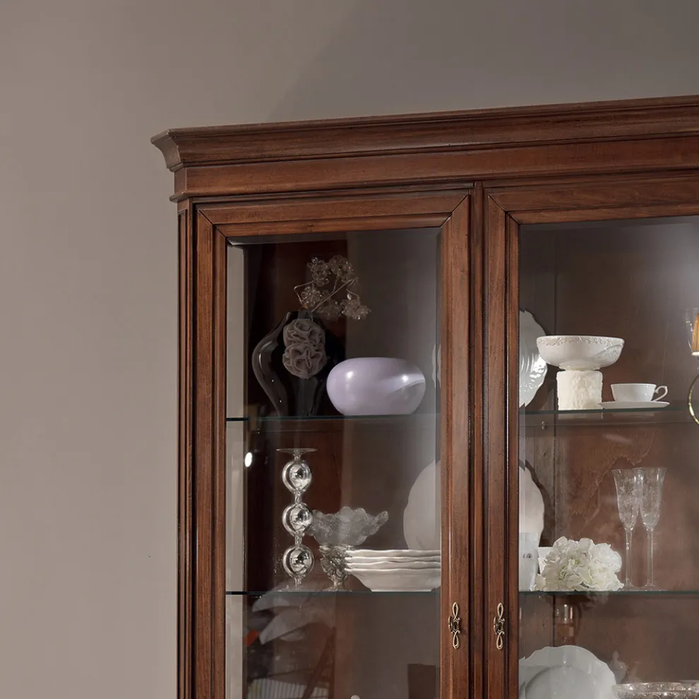 Vitrine aus Holz mit patiniertem Walnuss-Finish und Liliendekor, hergestellt in Italien – Damen