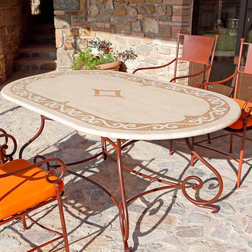 Outdoor-Tisch aus Travertin mit Mosaik-Einsätzen Made in Italy - Elegant