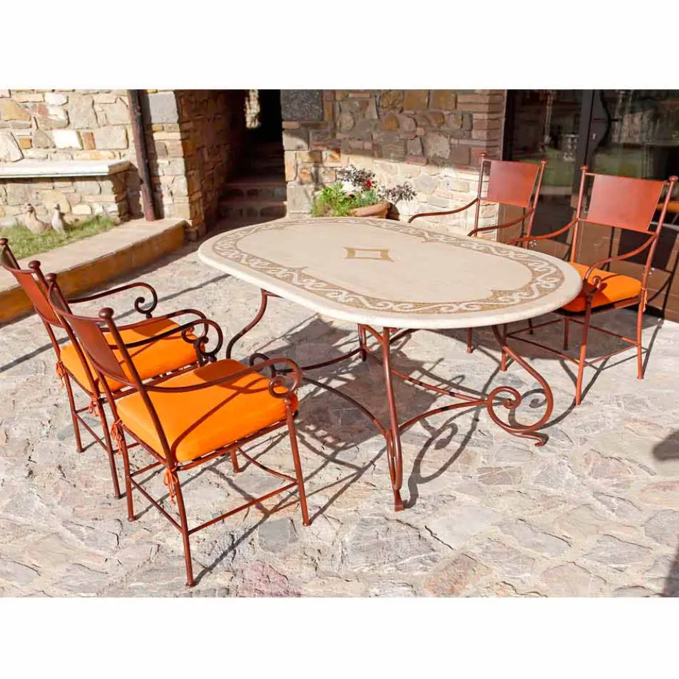 Outdoor-Tisch aus Travertin mit Mosaik-Einsätzen Made in Italy - Elegant