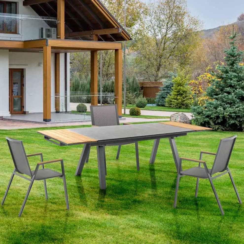 Ausziehbarer Outdoor-Tisch aus anthrazitfarbenem Aluminium und Glasplatte – Aimer