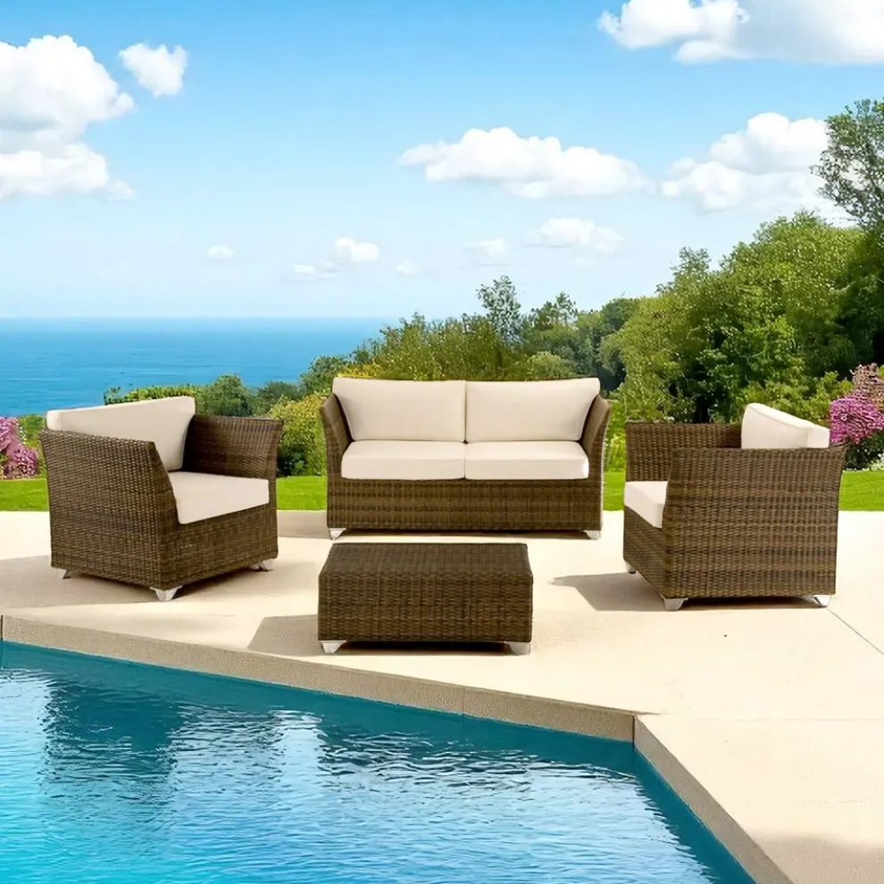 REHAU Polyrattan Garten-Lounge-Set und weiße Kissen - Pepe