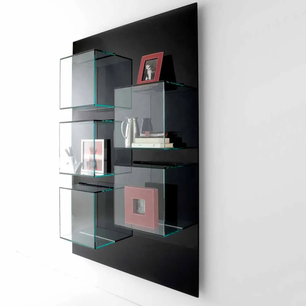 Wandbücherregal aus schwarzem Holz mit Glasböden Made in Italy - Basilico