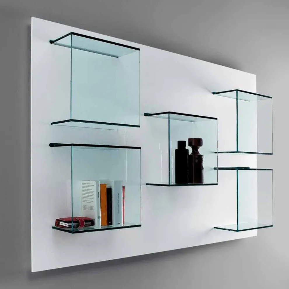 Wandbücherregal mit weißer Holzplatte und Glasböden - Basil