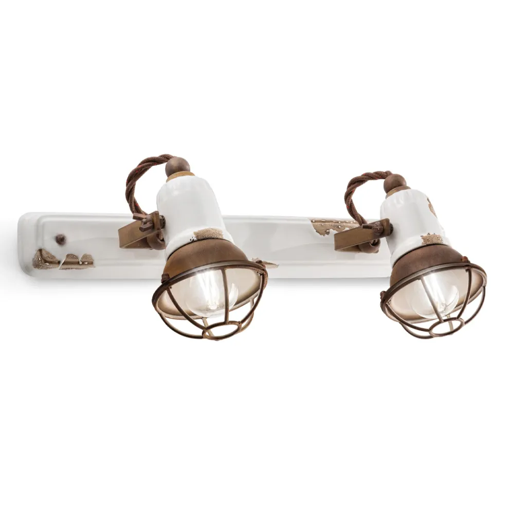 Wandlampe mit 2 industriellen handwerklichen Strahlern aus Eisen und Keramik - Loft