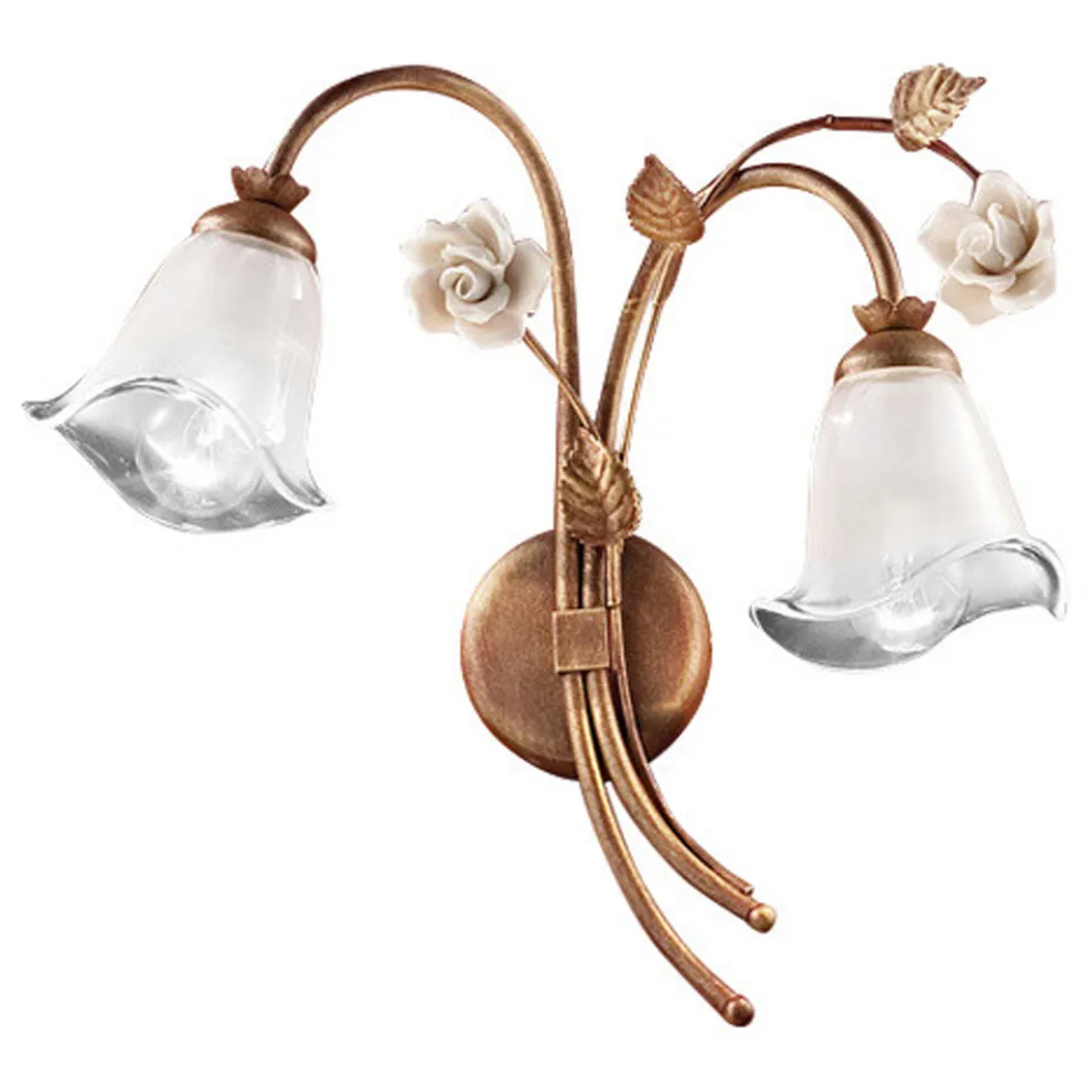 Wandleuchte 2 Leuchten aus Eisen und Glas mit Rose aus Keramik - Siena