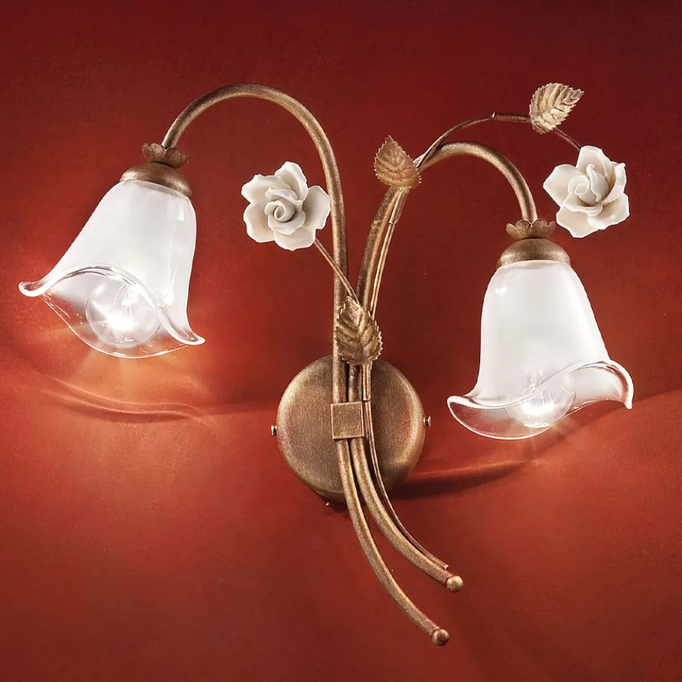 Wandleuchte 2 Leuchten aus Eisen und Glas mit Rose aus Keramik - Siena