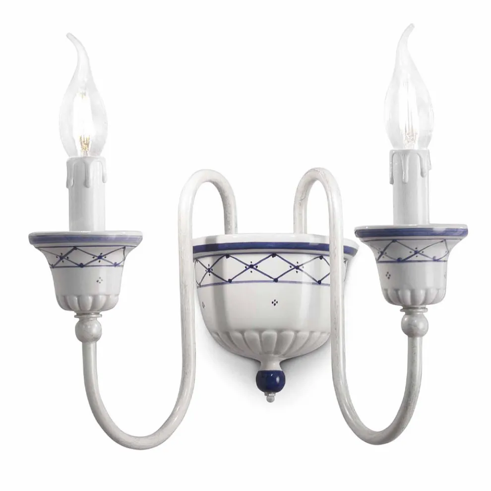 Wandleuchte mit 2 Lichtern aus Keramik und handbemaltem Messing - Sanremo