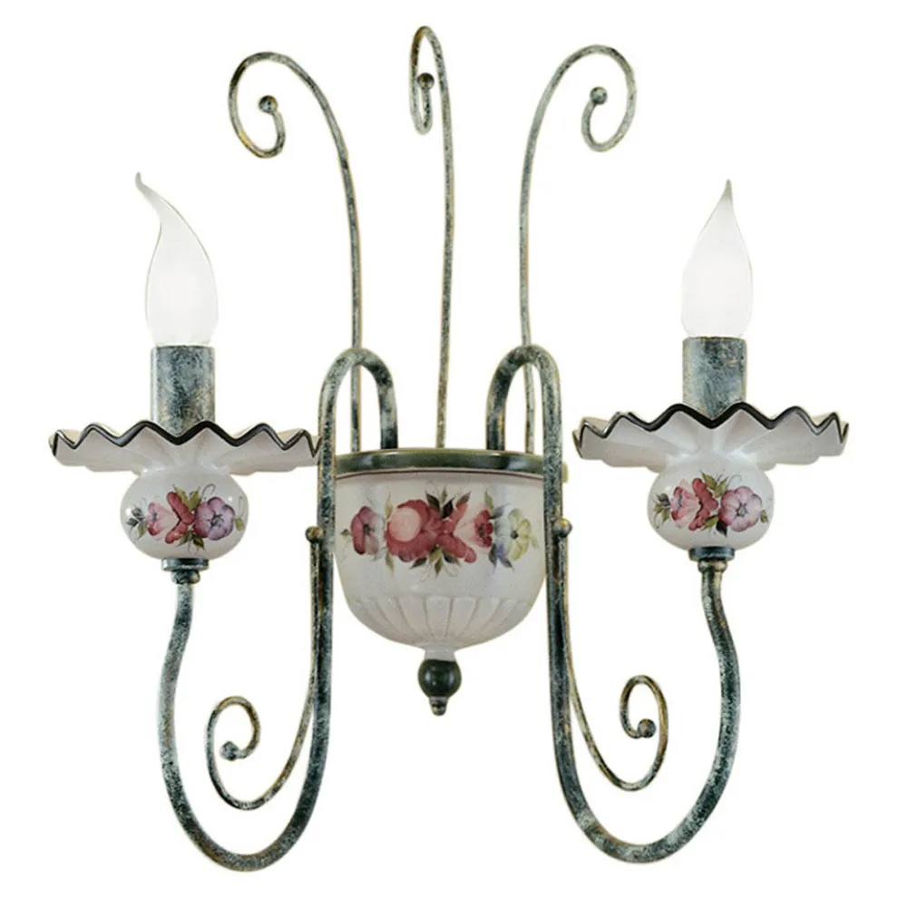 Wandleuchte mit 2 Lichtern aus handverzierter Keramik und antikem Messing - Sanremo