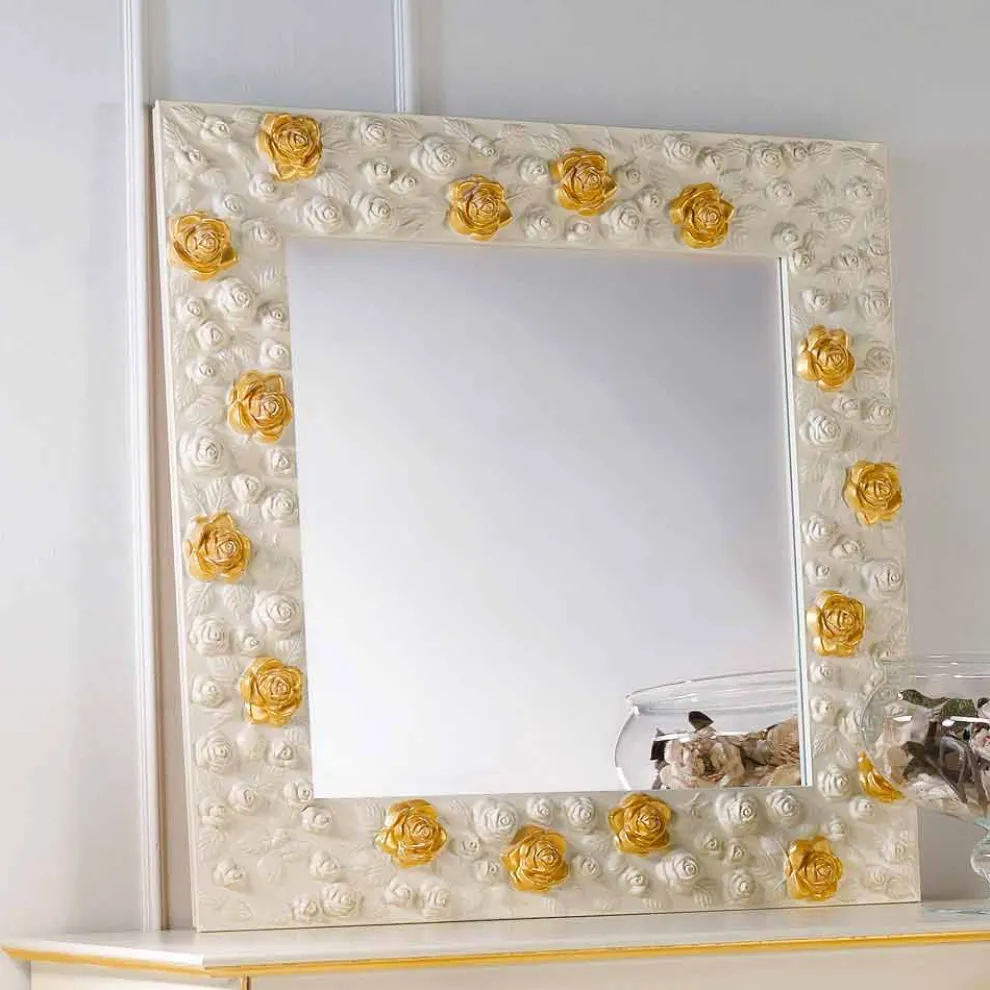 Wandspiegel Rahmen weiß mit goldenen Rosen verziert Flower