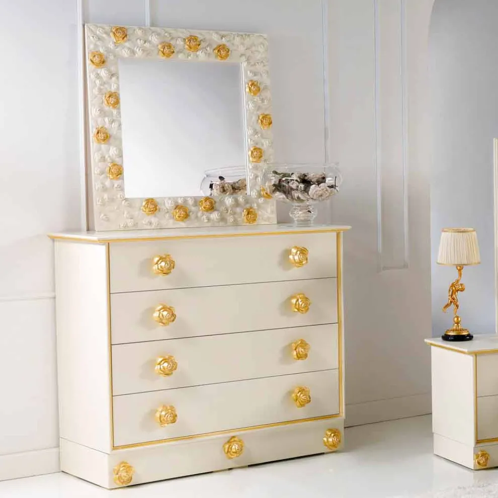 Wandspiegel Rahmen weiß mit goldenen Rosen verziert Flower