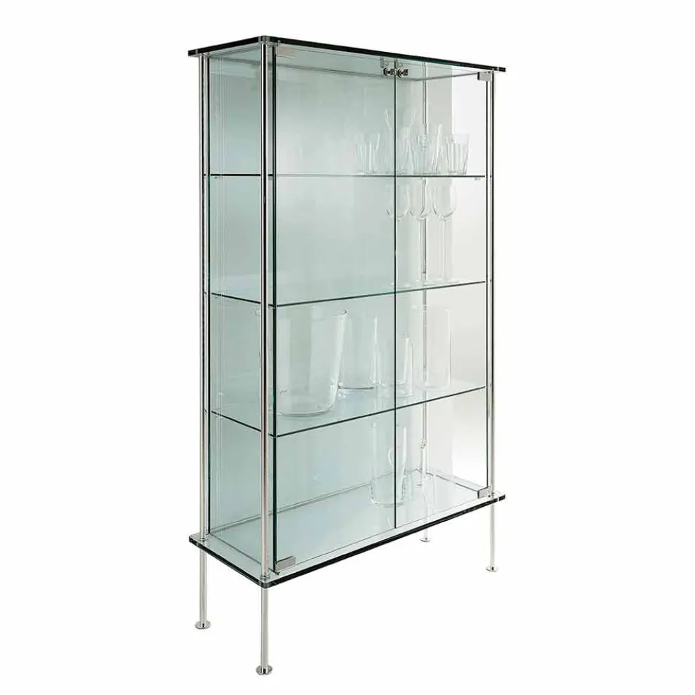 Wandvitrine aus transparentem Glas und Metall mit 2 Designtüren - Lorella