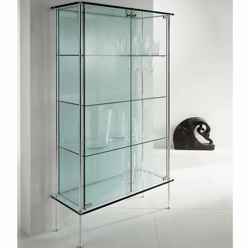 Wandvitrine aus transparentem Glas und Metall mit 2 Designtüren - Lorella