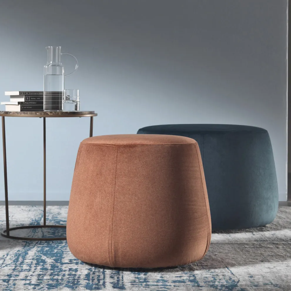 Weicher runder Hocker für Wohnzimmer in farbigem Samt 3 Dimensionen - Evelyne