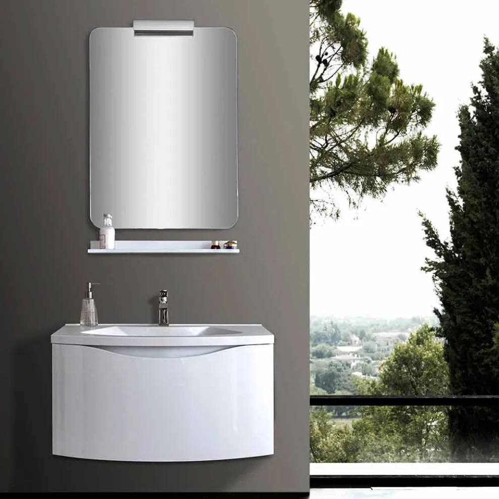 Weißer moderner hängender Badezimmerschrank mit Waschbecken, Regal, LED-Spiegel - Michele
