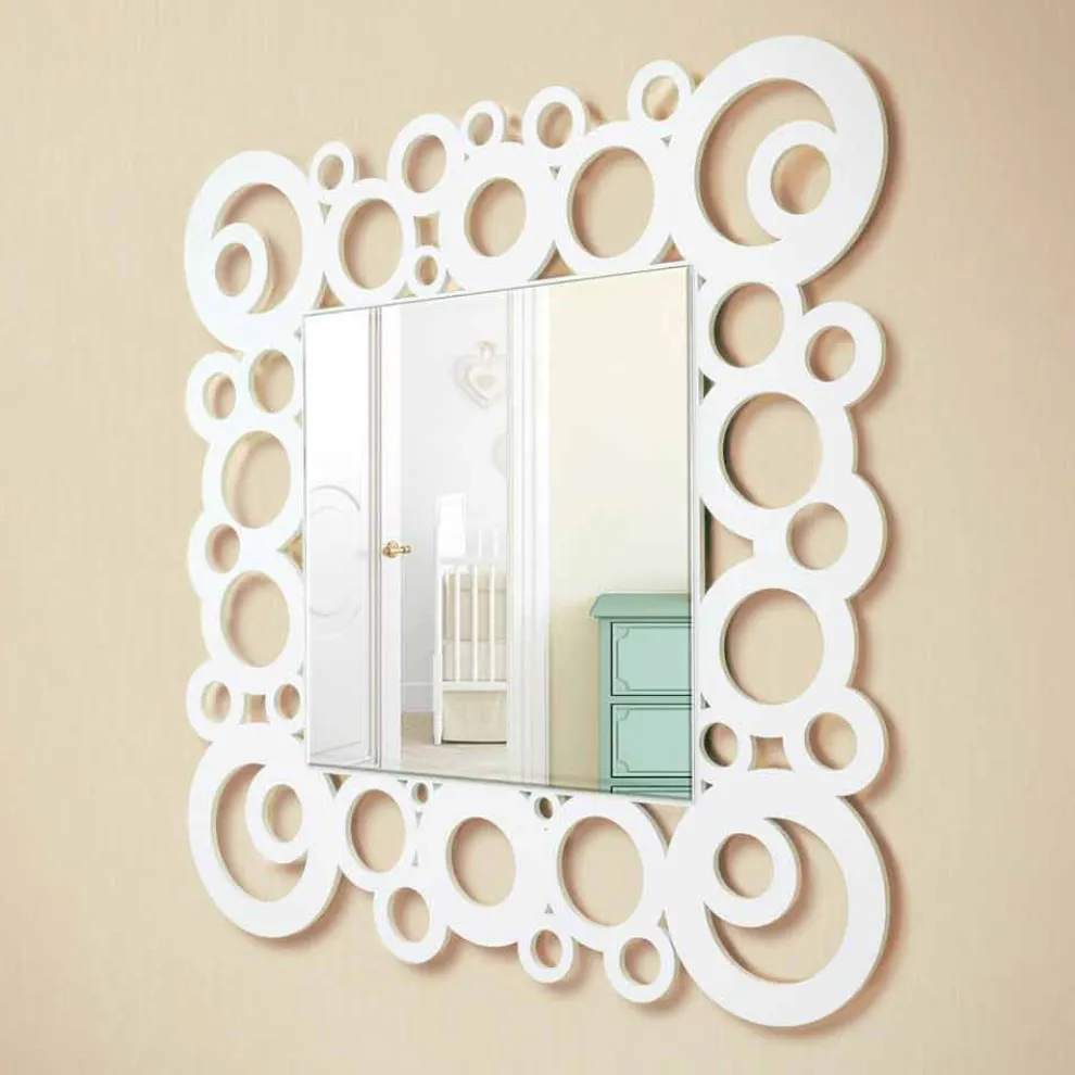 Weißer quadratischer Wandspiegel des modernen Designs mit Holzdekorationen - Blase