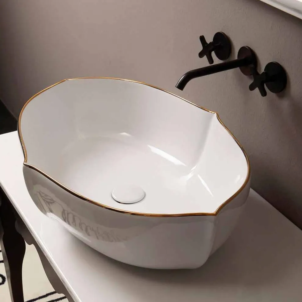Weißes und goldfarbenes Aufstatzwaschbecken aus Keramik Design Italy