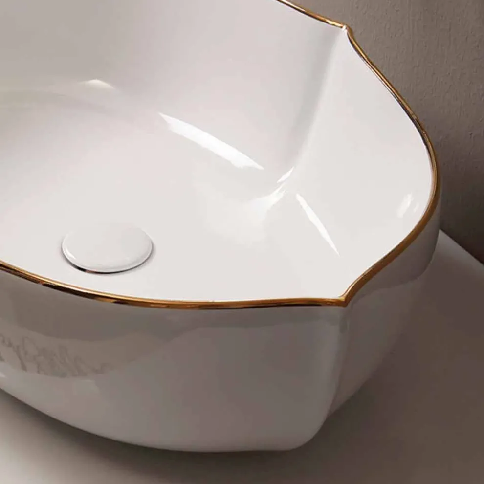 Weißes und goldfarbenes Aufstatzwaschbecken aus Keramik Design Italy