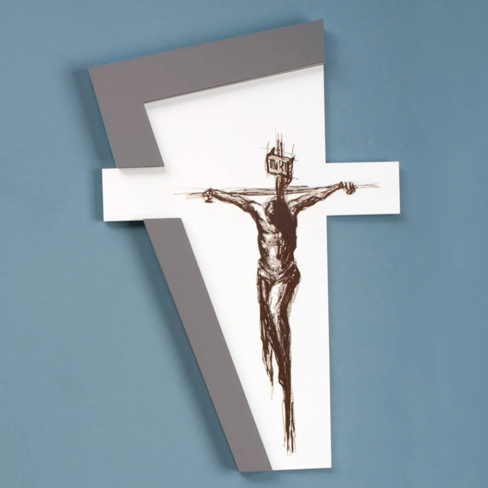 Weißes und graues Kruzifix, hergestellt mit Lasergravur, hergestellt in Italien – Egle