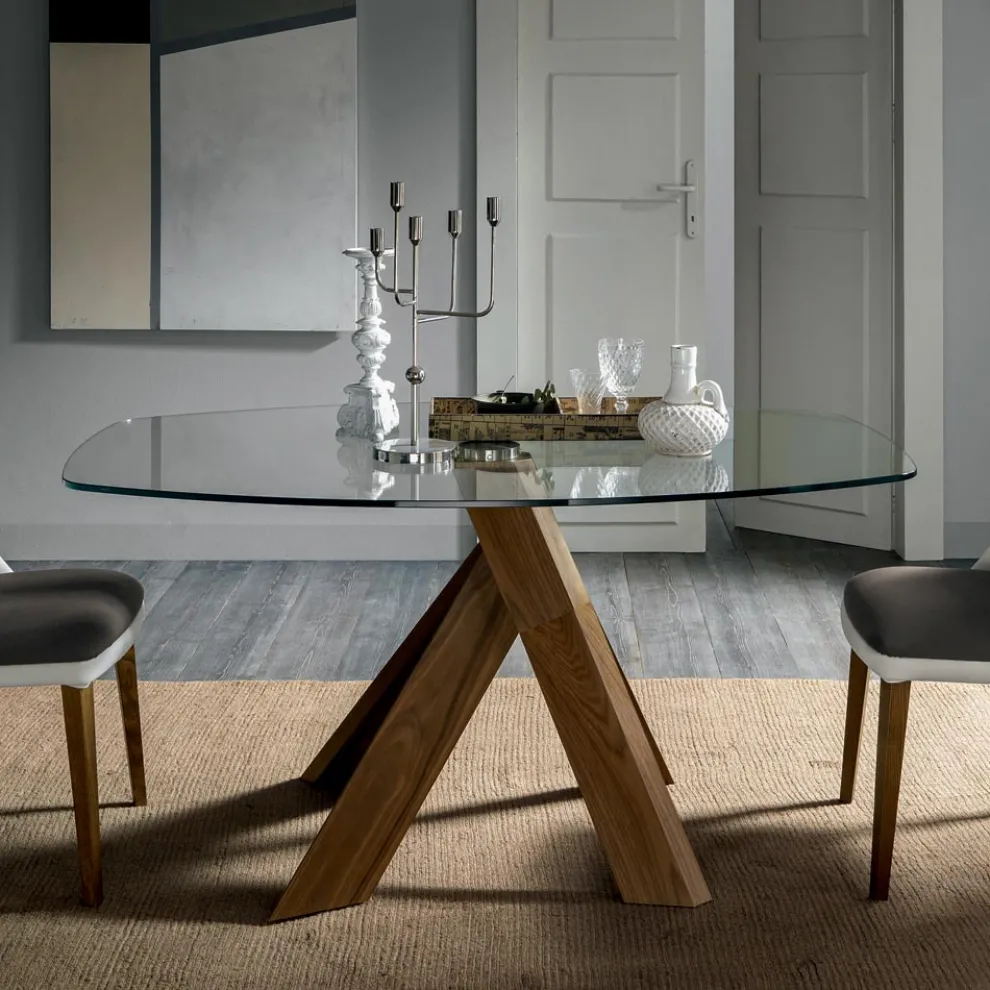 Wohnzimmer Esstisch Glasplatte und Holzbeine - Botanical