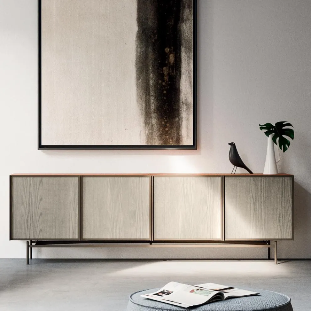 Wohnzimmer- oder Eingangs-Sideboard aus ökologischem Holz und Metall 4 Türen Luxus - Aaron