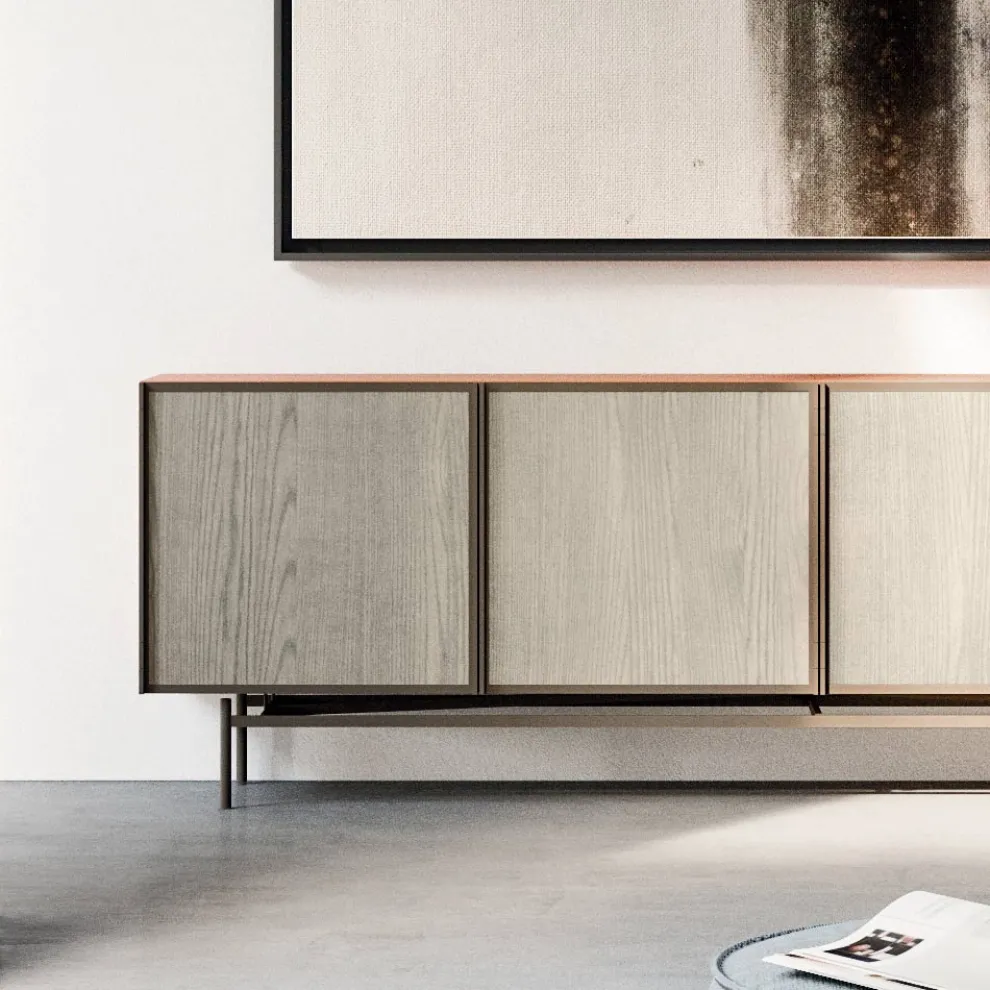Wohnzimmer- oder Eingangs-Sideboard aus ökologischem Holz und Metall 4 Türen Luxus - Aaron