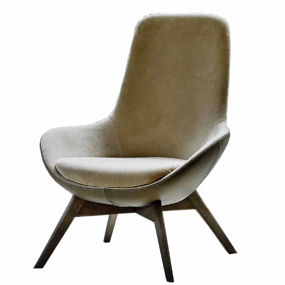 Wohnzimmer Sessel aus Leder und Stoff mit Holzsockel Made in Italy - Ama