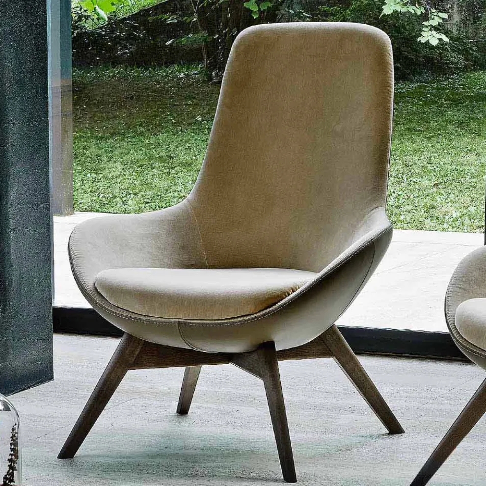 Wohnzimmer Sessel aus Leder und Stoff mit Holzsockel Made in Italy - Ama