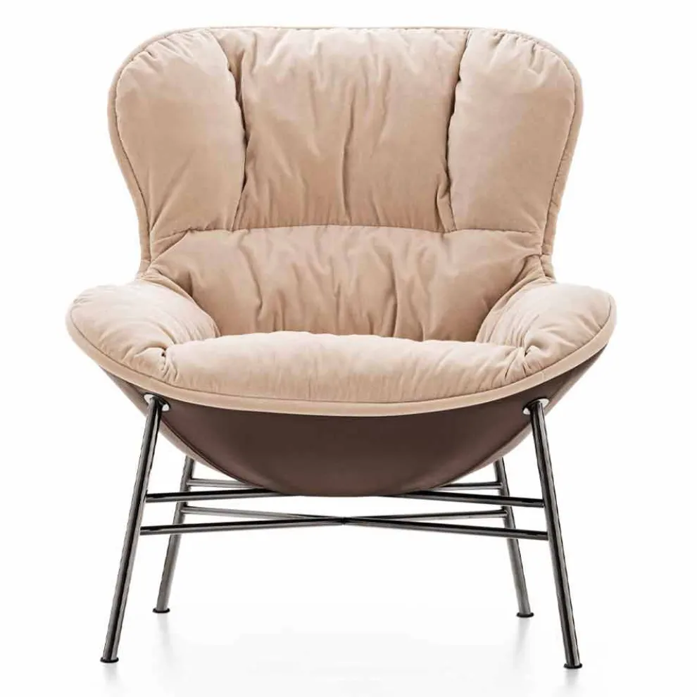 Wohnzimmer Sessel aus Leder und Stoff mit verchromter Basis Made in Italy - Litchi