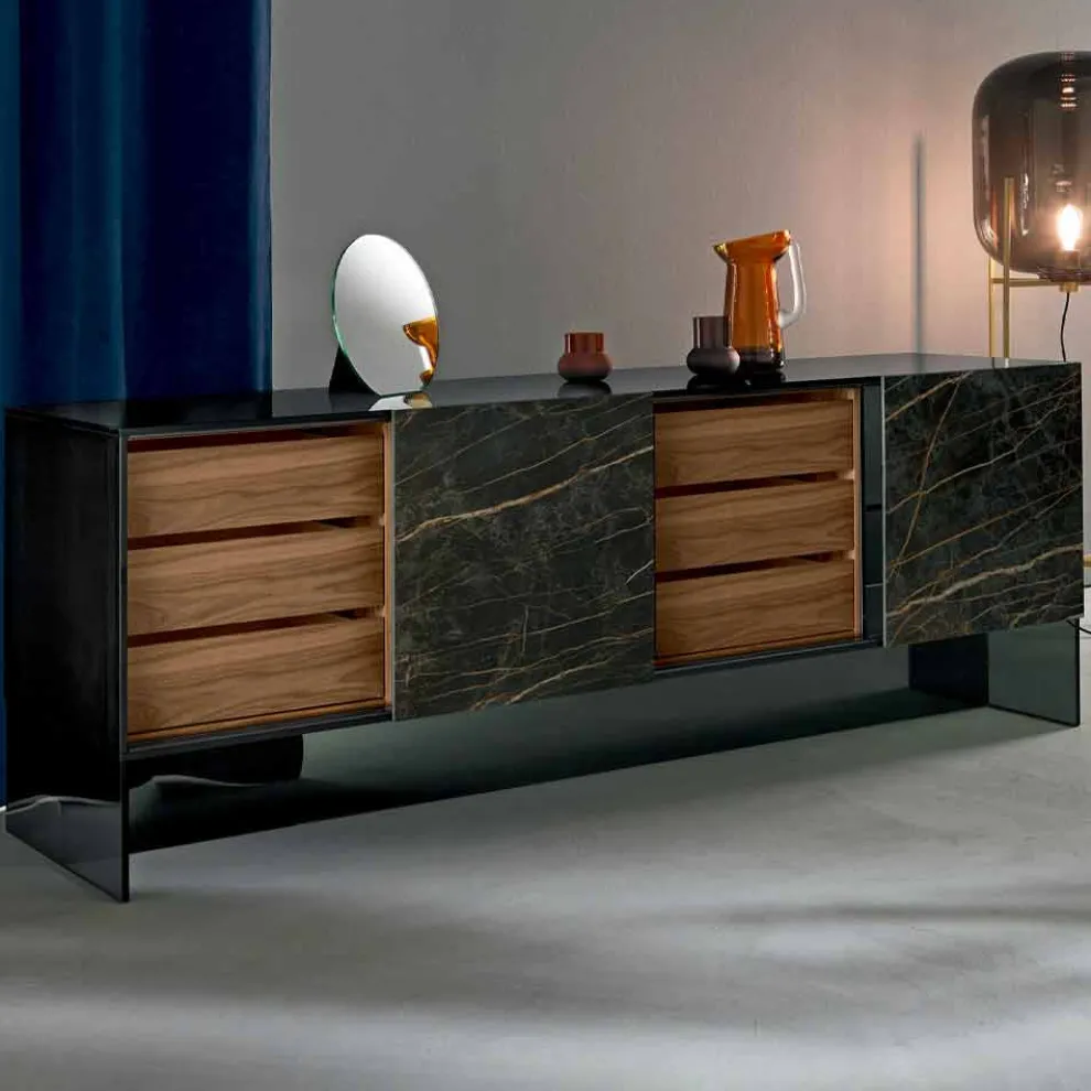 Wohnzimmer Sideboard mit 2 Türen in Keramik- und Rauchglasstruktur Made in Italy - Scocca