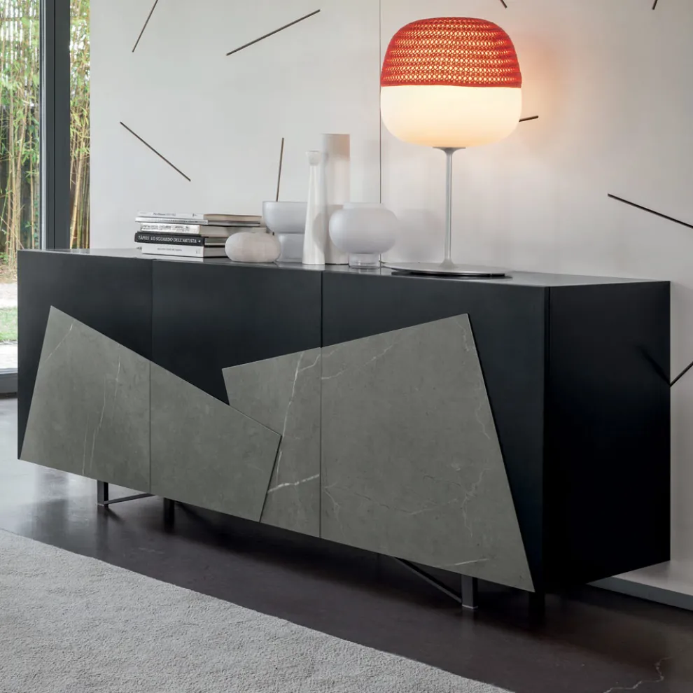 Wohnzimmer Sideboard aus lackiertem Mdf 3 Türen mit Keramikeinsätzen - Imperio