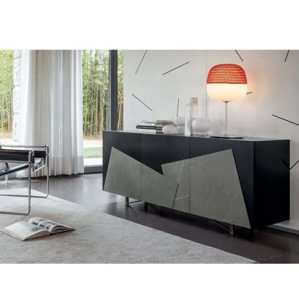 Wohnzimmer Sideboard aus lackiertem Mdf 3 Türen mit Keramikeinsätzen - Imperio