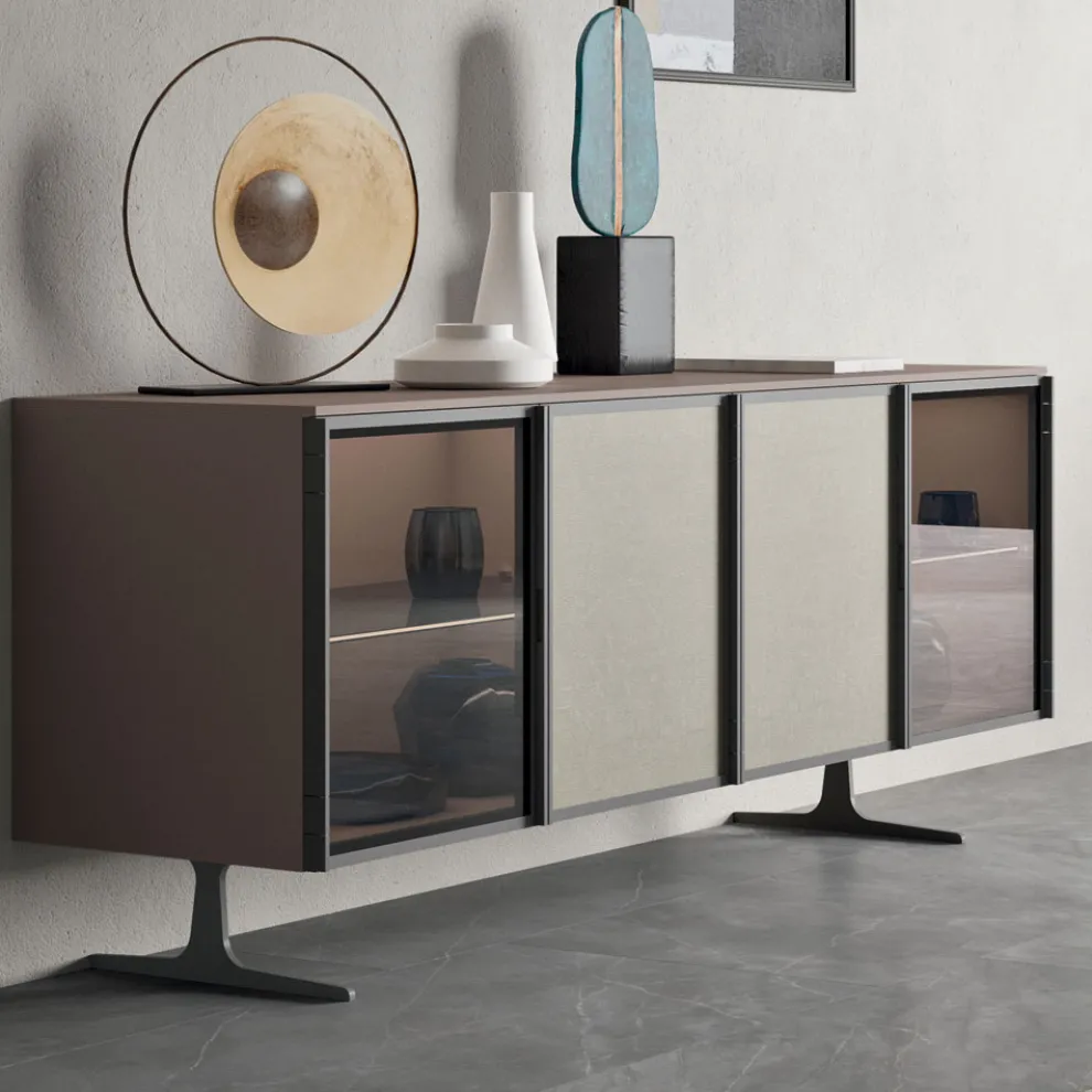 Wohnzimmer Sideboard aus ökologischem Holz und Glas 4 Türen Made in Italy - Aaron