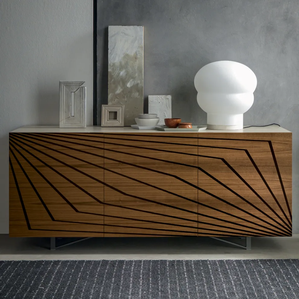 Wohnzimmer Sideboard aus lackiertem Mdf 3 Türen mit Siebdruck Intarsien - Saronno