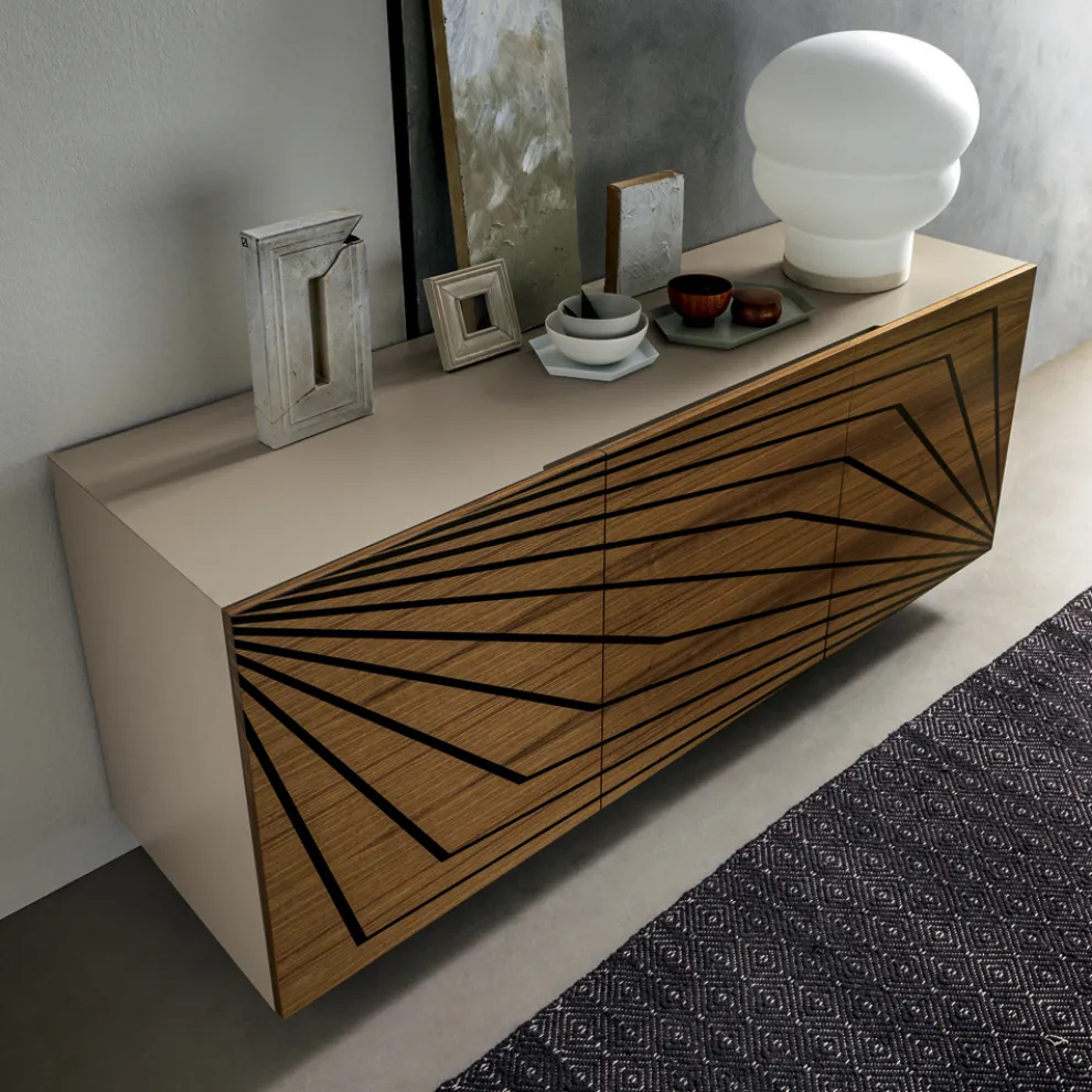Wohnzimmer Sideboard aus lackiertem Mdf 3 Türen mit Siebdruck Intarsien - Saronno