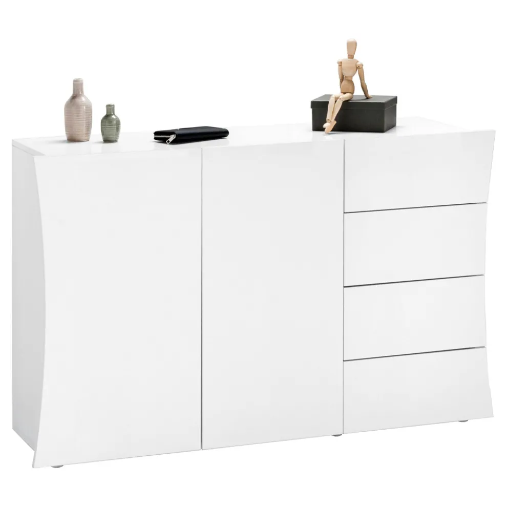 Wohnzimmer Sideboard 2 Türen 4 Schubladen aus gewölbtem Holz glänzend weiß - Sabine