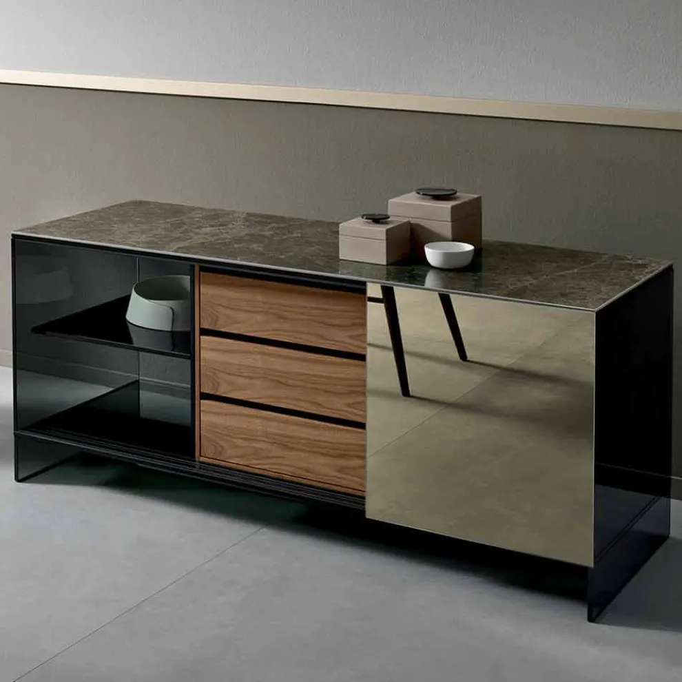 Wohnzimmer Sideboard in Smokey Glass mit Bronze Spiegeltür Made in Italy - Scocca