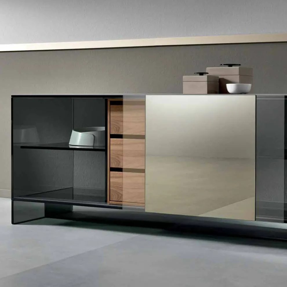 Wohnzimmer Sideboard in Smokey Glass mit Bronze Spiegeltür Made in Italy - Scocca