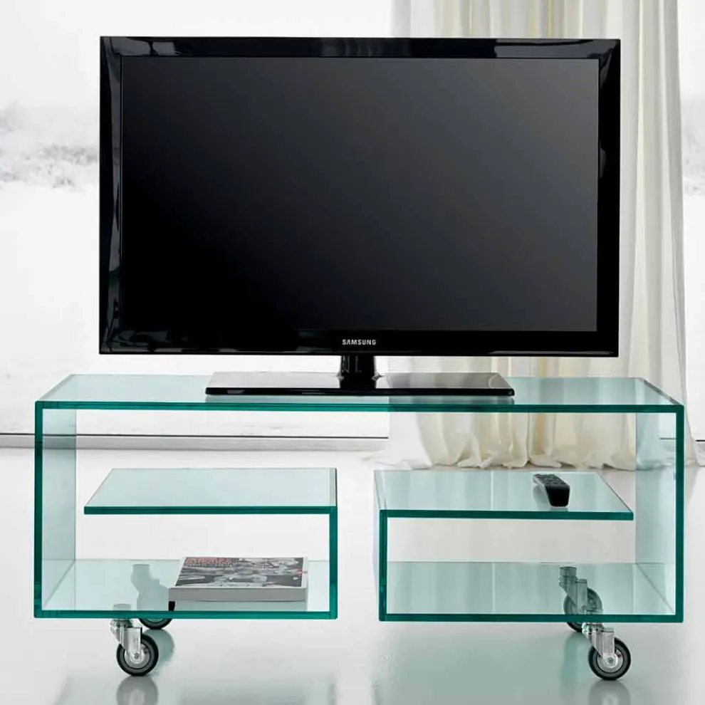 Wohnzimmer TV-Ständer aus transparentem Glas mit Rollen, Luxus - Birintolo