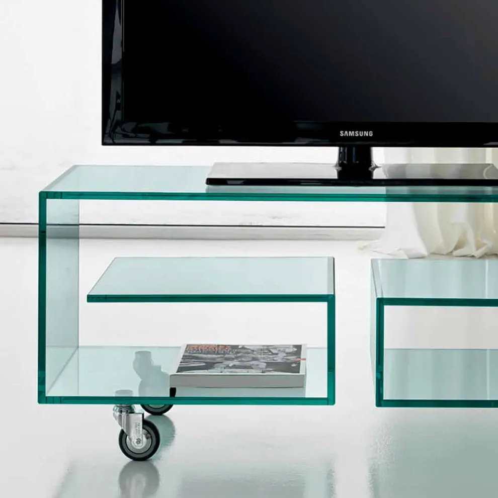 Wohnzimmer TV-Ständer aus transparentem Glas mit Rollen, Luxus - Birintolo