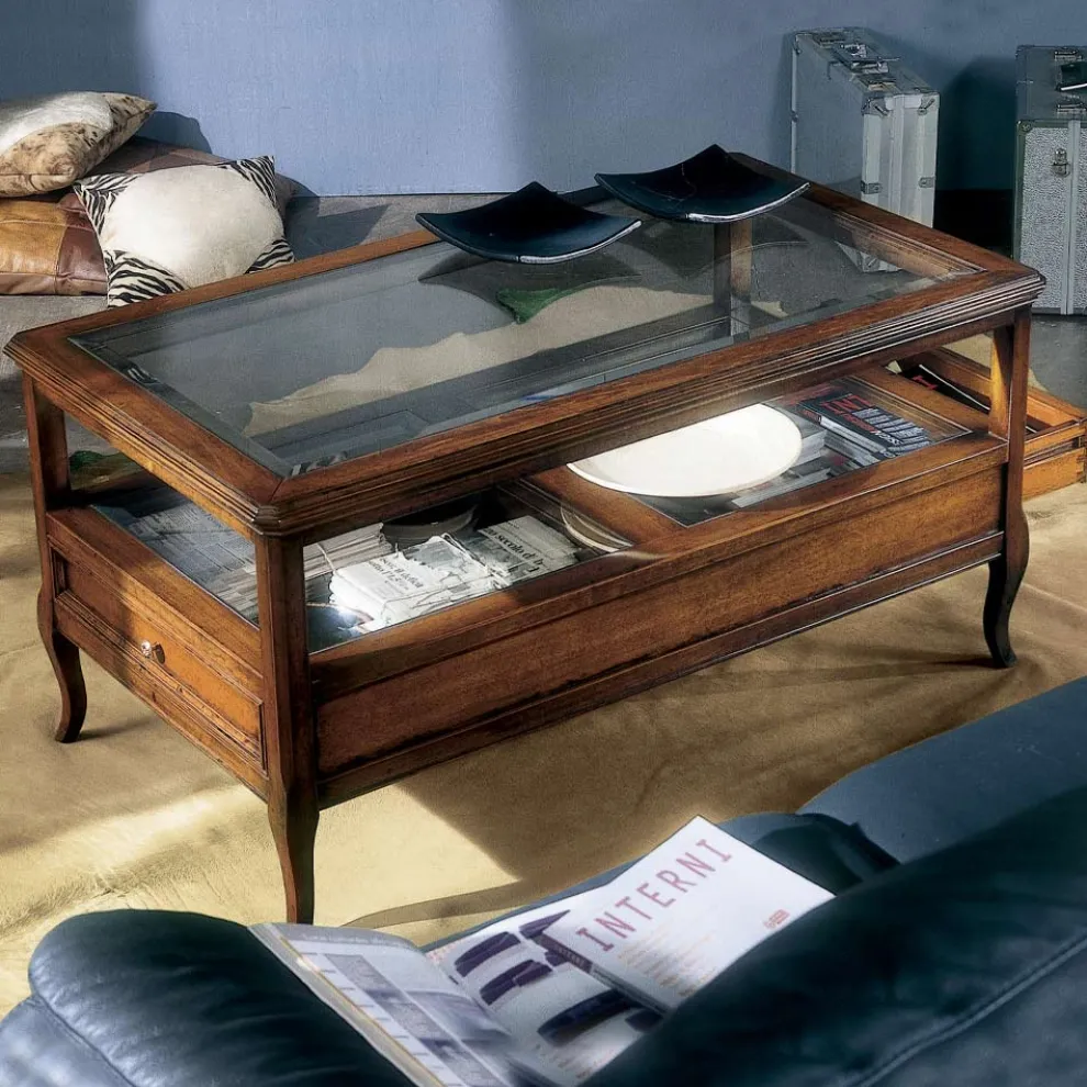 Wohnzimmer-Couchtisch mit Glasplatte und 2 Schubladen Made in Italy - Xipe