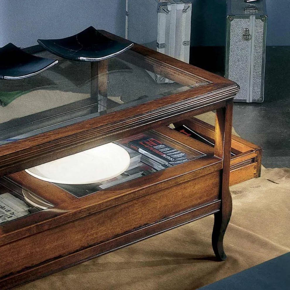 Wohnzimmer-Couchtisch mit Glasplatte und 2 Schubladen Made in Italy - Xipe