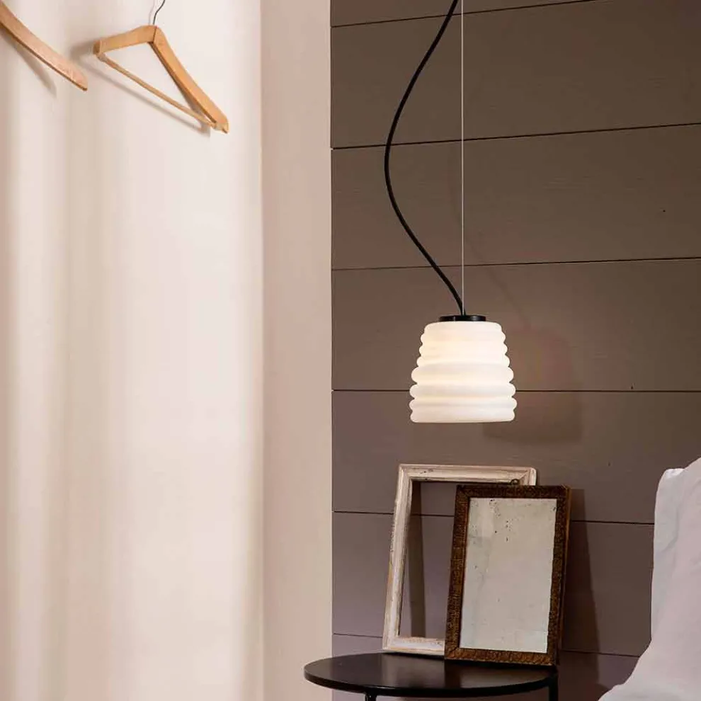 Wohnzimmer-Hängelampe aus weißem Satinglas 3 Dimensionen - weich