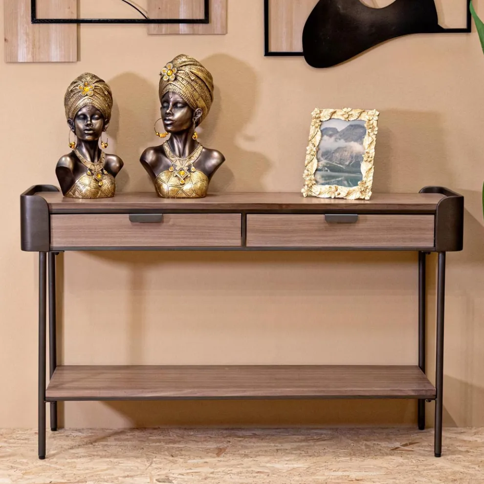 Wohnzimmerkonsole aus Tannenholz und Grauguss mit 2 Schubladen - Cooper