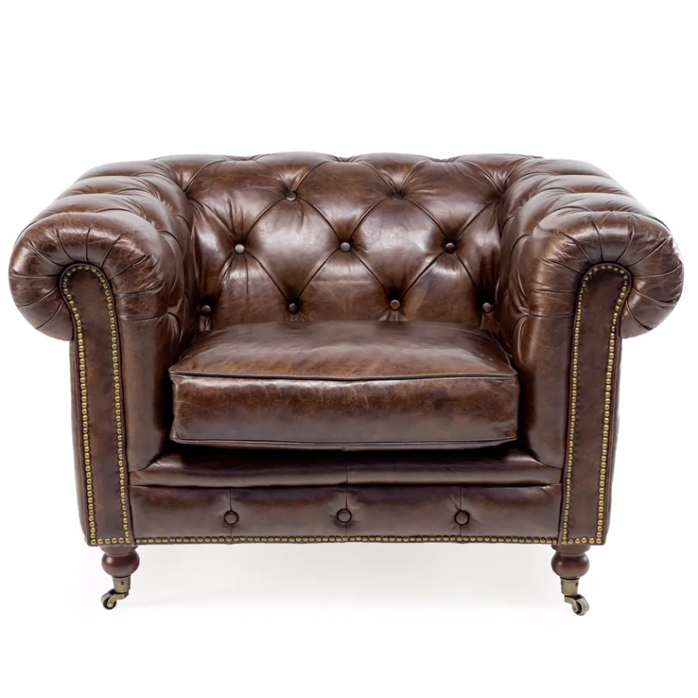 Wohnzimmersessel aus Vintage-Leder mit gealterter Wirkung mit Rädern und Armlehnen - Stempel